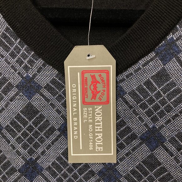 North Pole Men's Pullover Sweater, Size Large, V-Neck, Blue & Black Pattern NEW - Picture 3 of 8